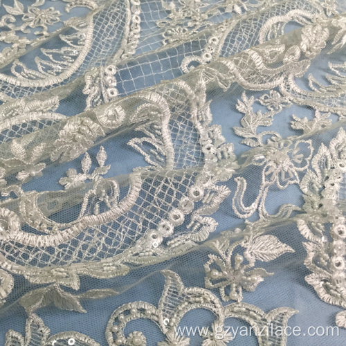 Ivory Embroidery Handwork Beaded Geometric Fabric